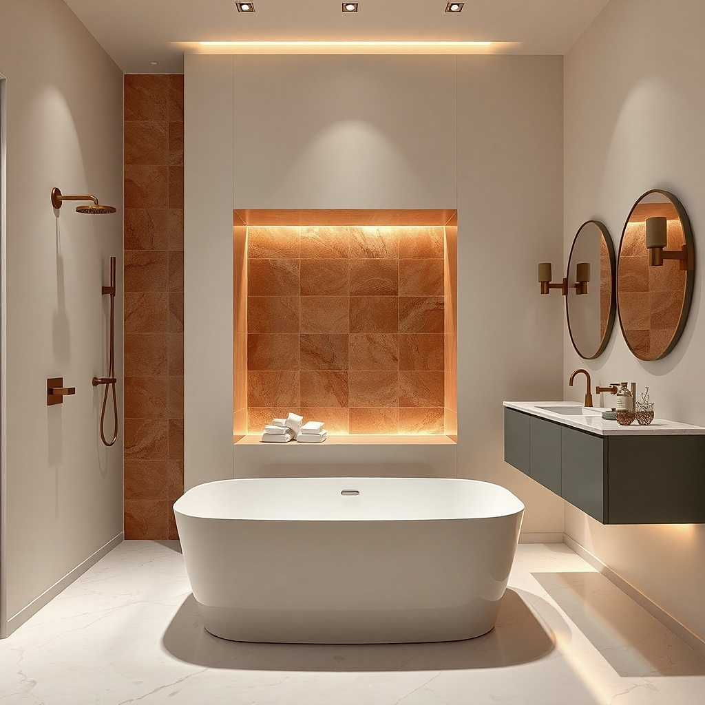 Tub with a half-wall shower screen and a lit niche shelf in warm tones