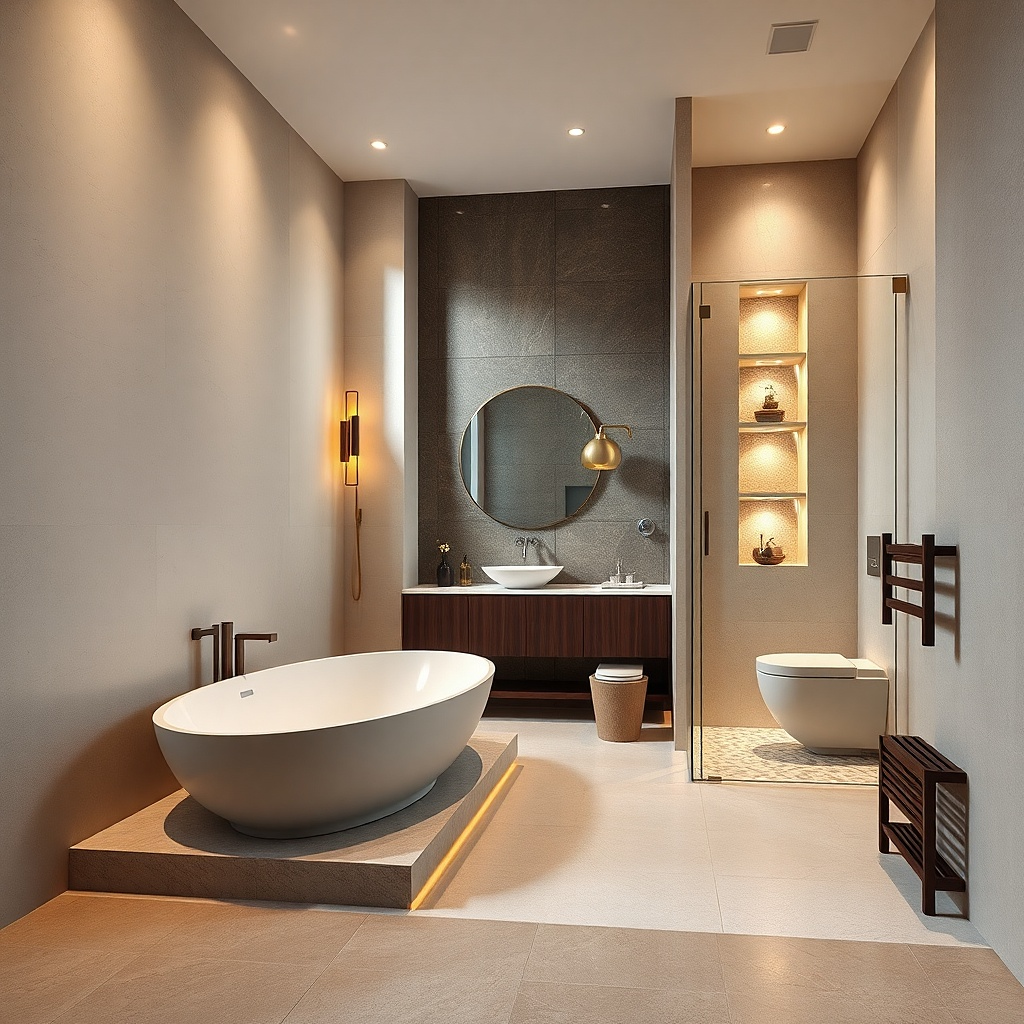 Freestanding tub on a small platform with a tiled shower wall behind