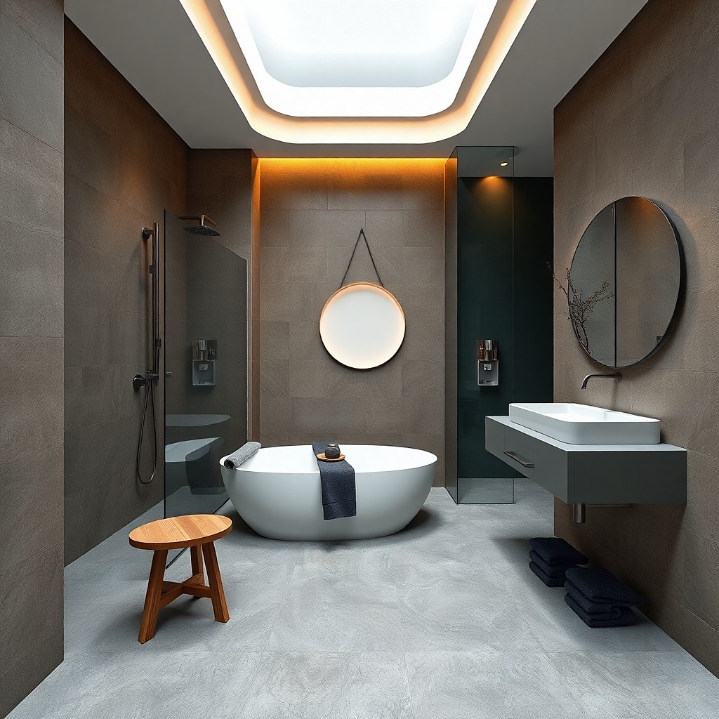Small bathroom with tub and a curbless wetroom floor transition