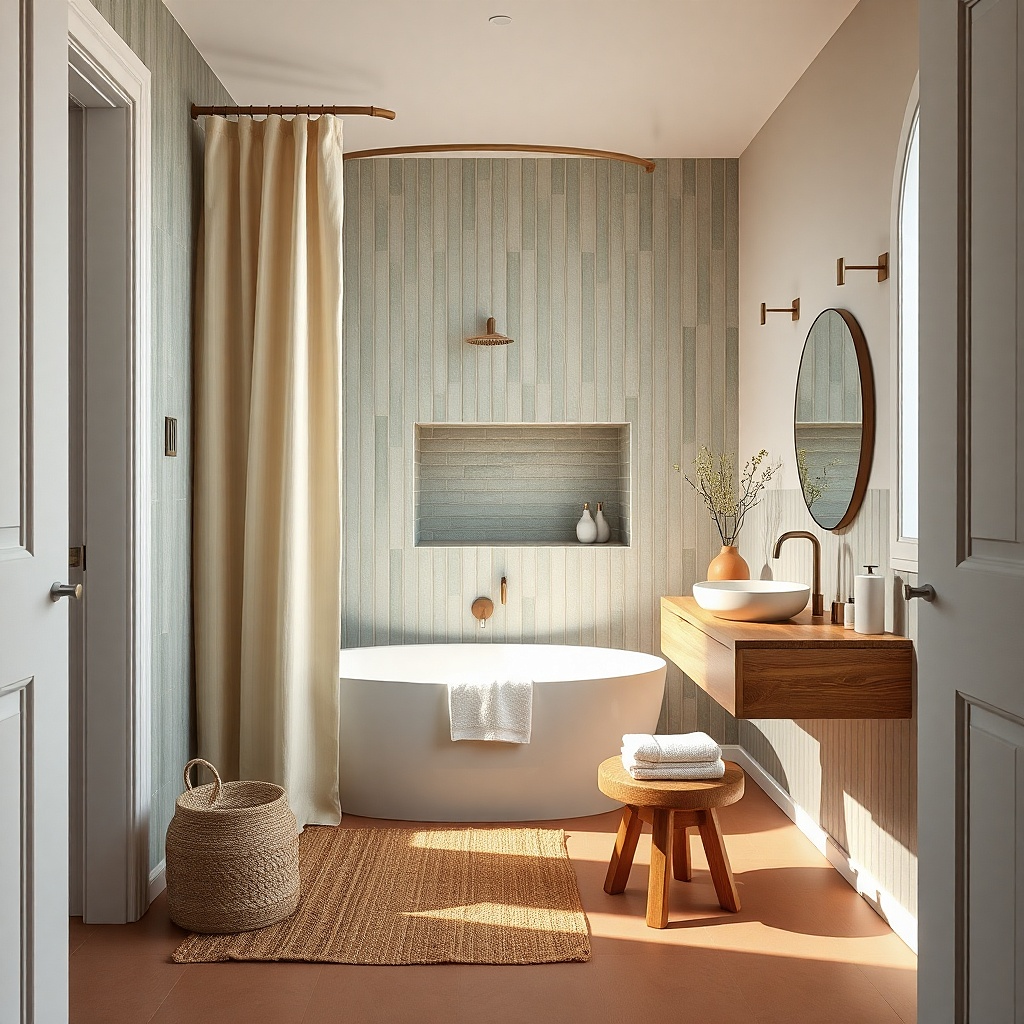 Tub with a ceiling-mounted shower curtain rail and warm neutral walls