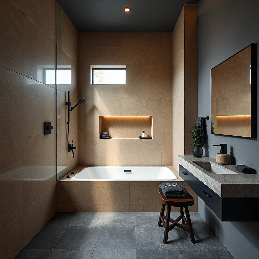 Small bathroom tub with overhead shower head and handheld sprayer