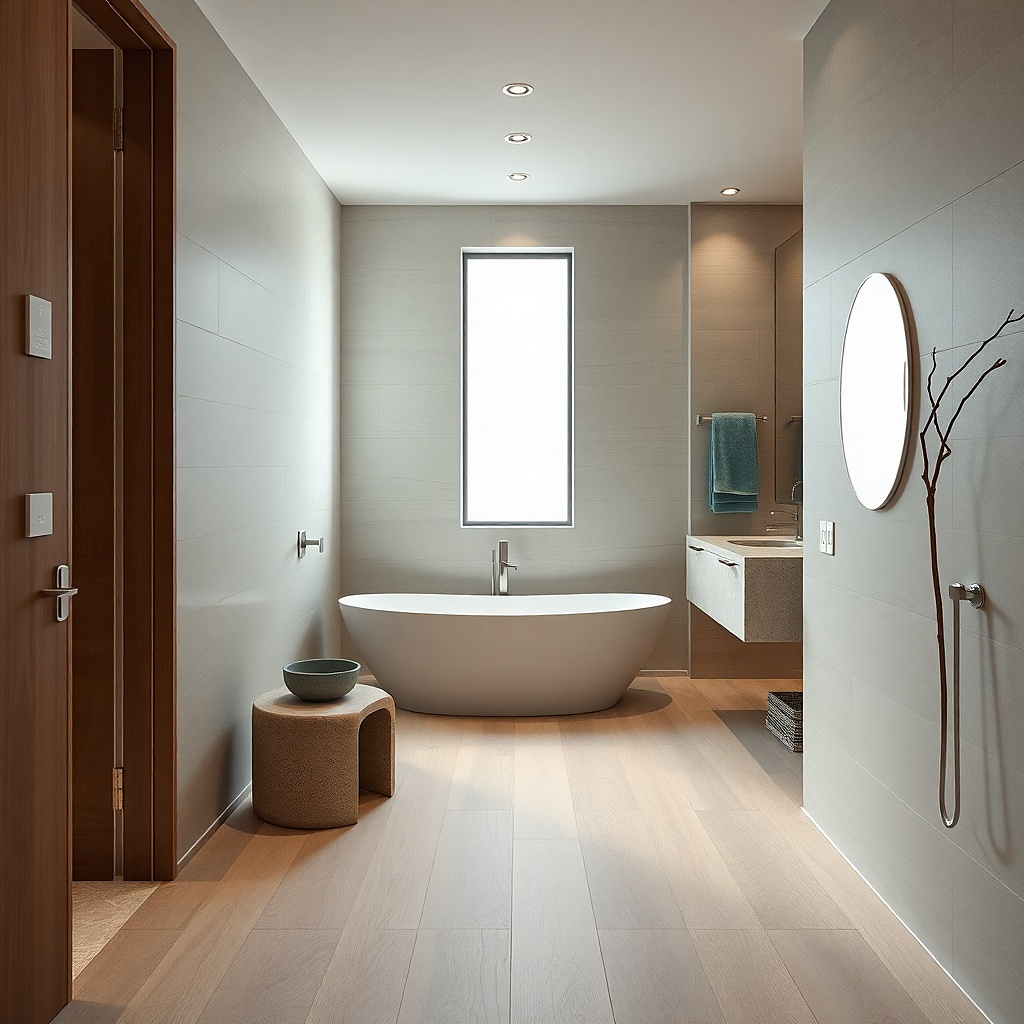Tub centered with a narrow vanity and a side glass panel for shower spray control