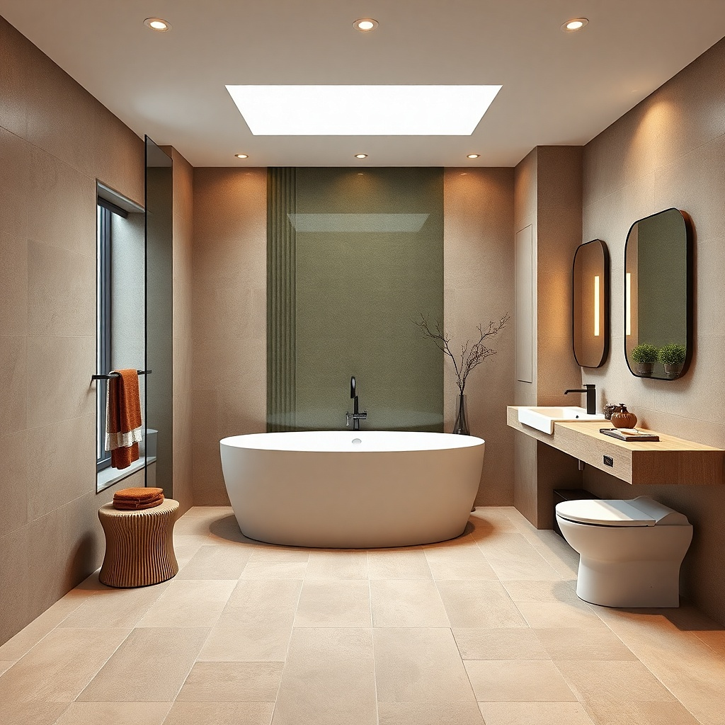 Tub surround with tile-to-ceiling accent strip and a small clear glass panel