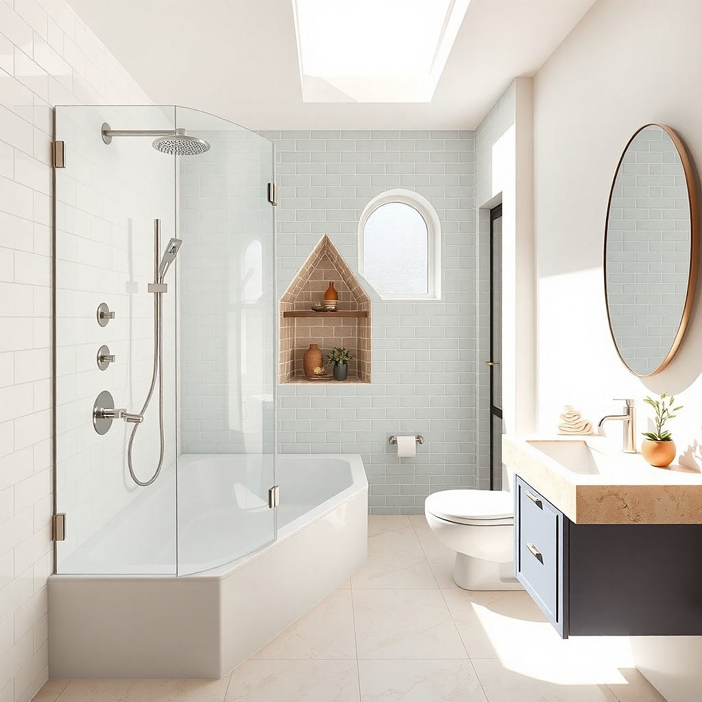 Compact soaking tub with clear glass corner enclosure and warm taupe tiles