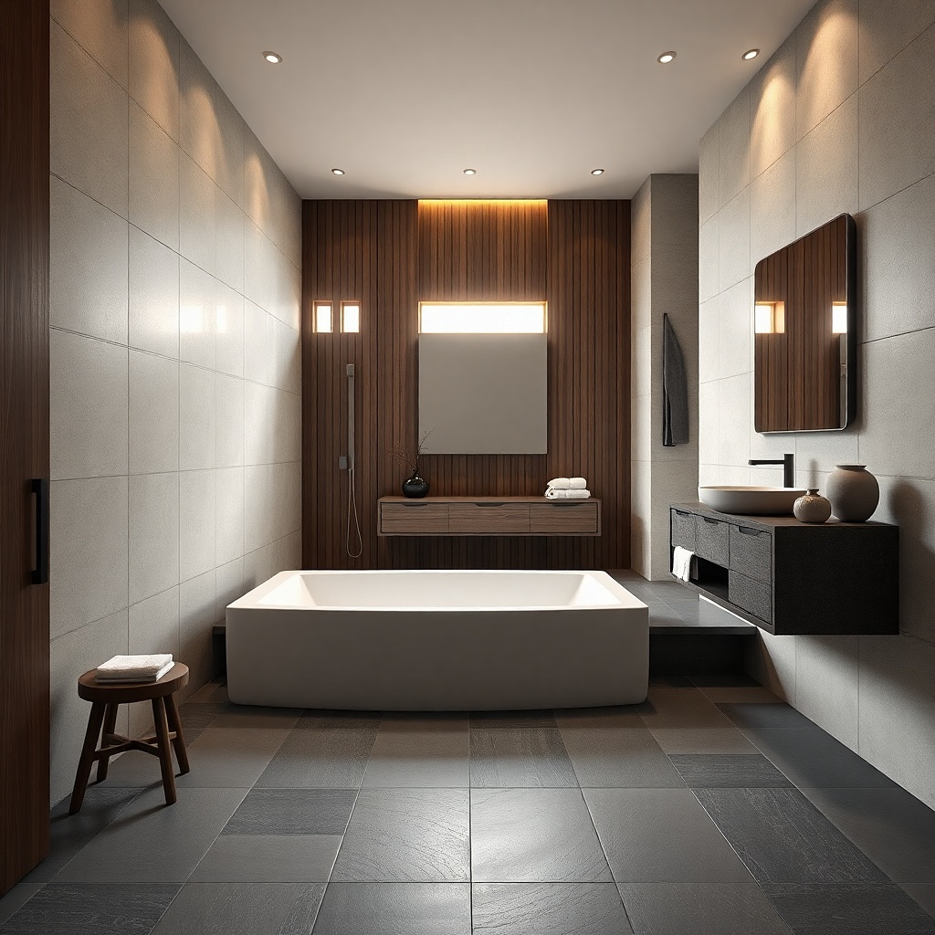 Tub-shower combo with a built-in tiled bench and warm lighting
