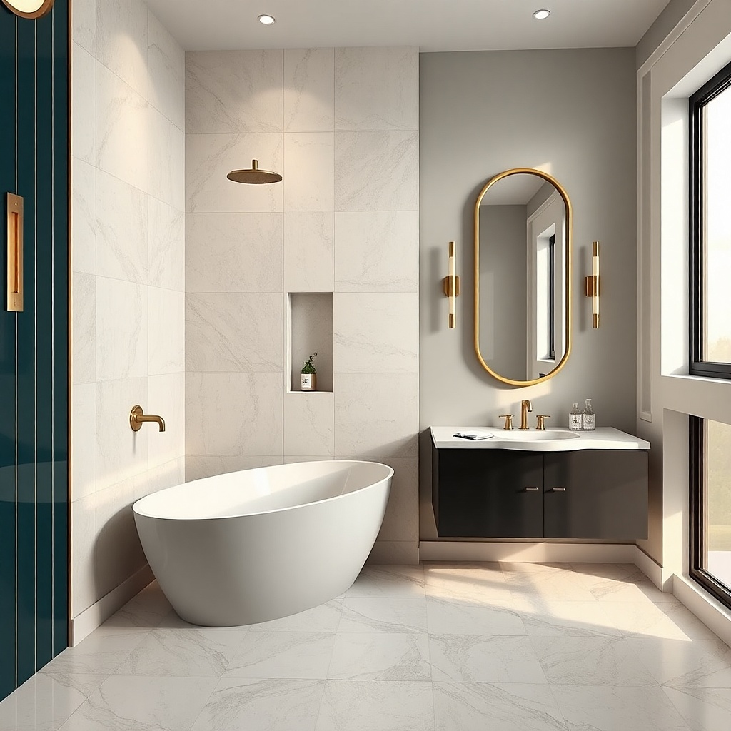 Small bath with two-tone tile walls and a vertical color break behind tub