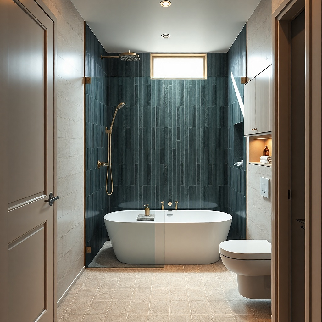Tub with recessed linear drain and matching wall and floor tile