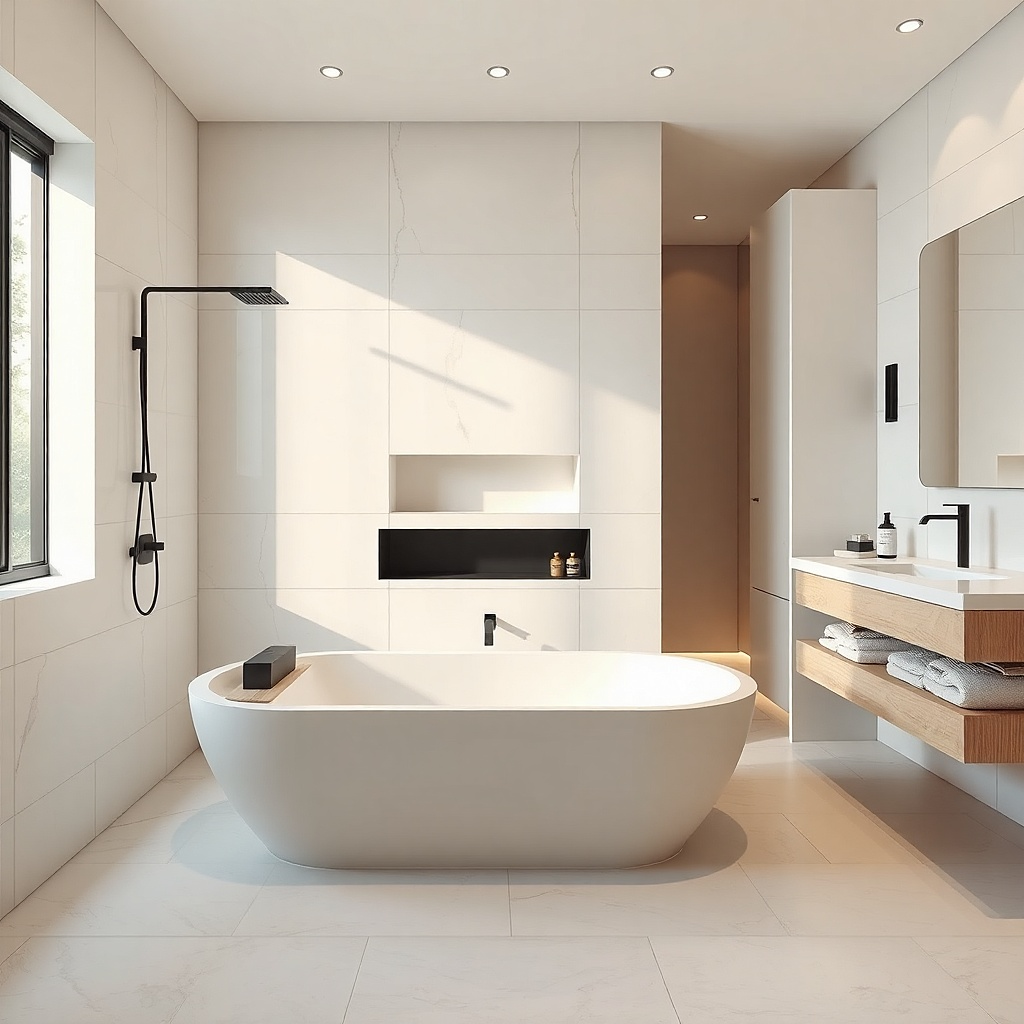 Tub with shower head on corner wall and a clear splash guard panel
