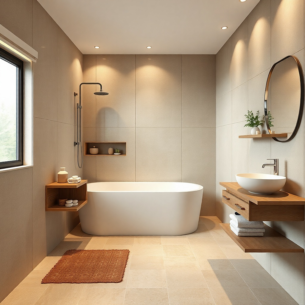 Tub with vertical slat wall panel behind shower controls and warm lighting