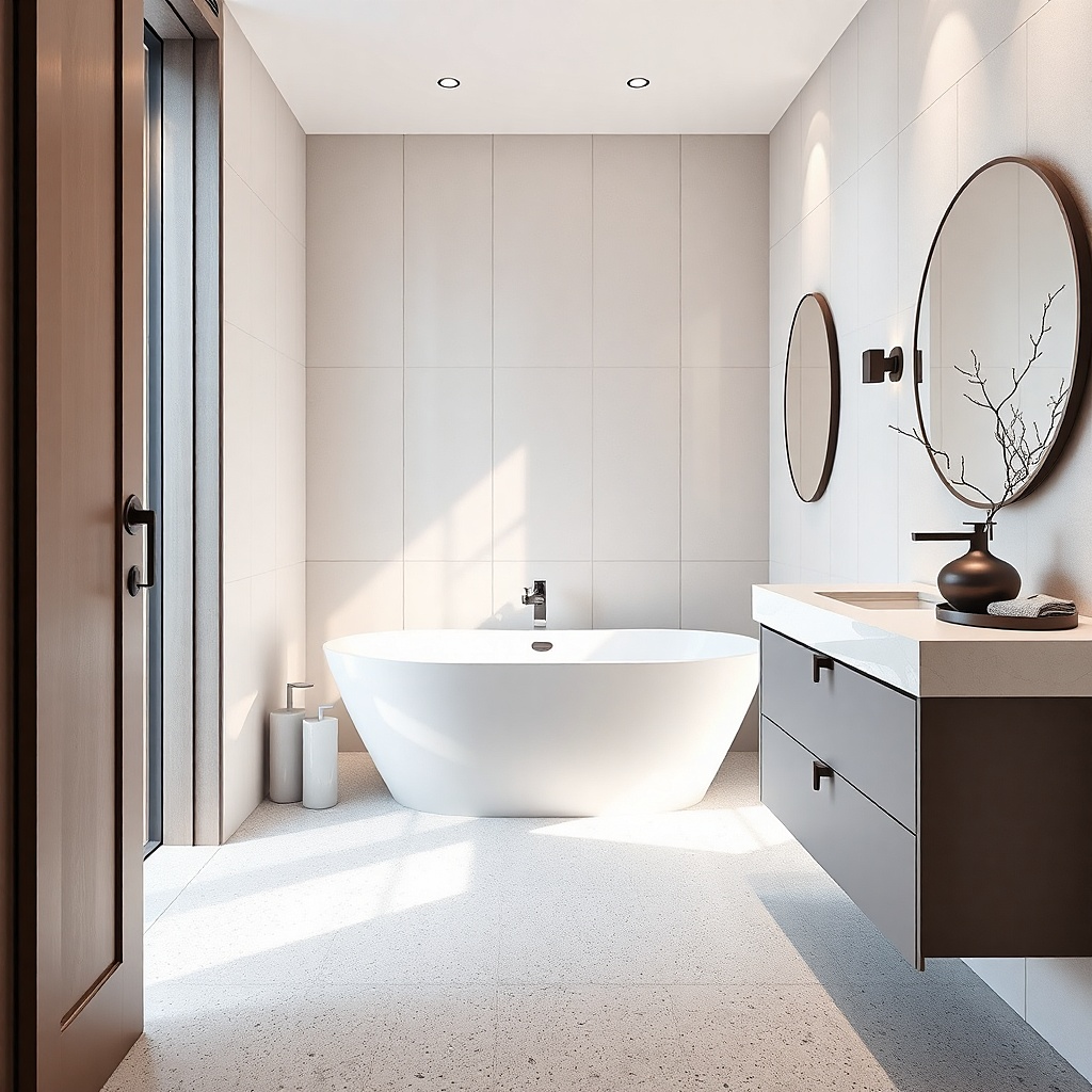 Tub with a narrow ledge shelf and shower curtain track, warm tile walls