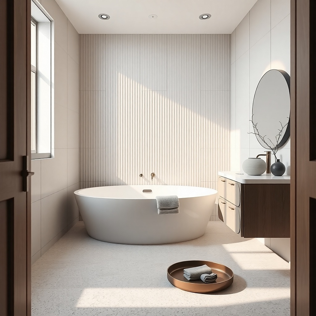 Small bath tub with curved glass return panel and warm cream tile