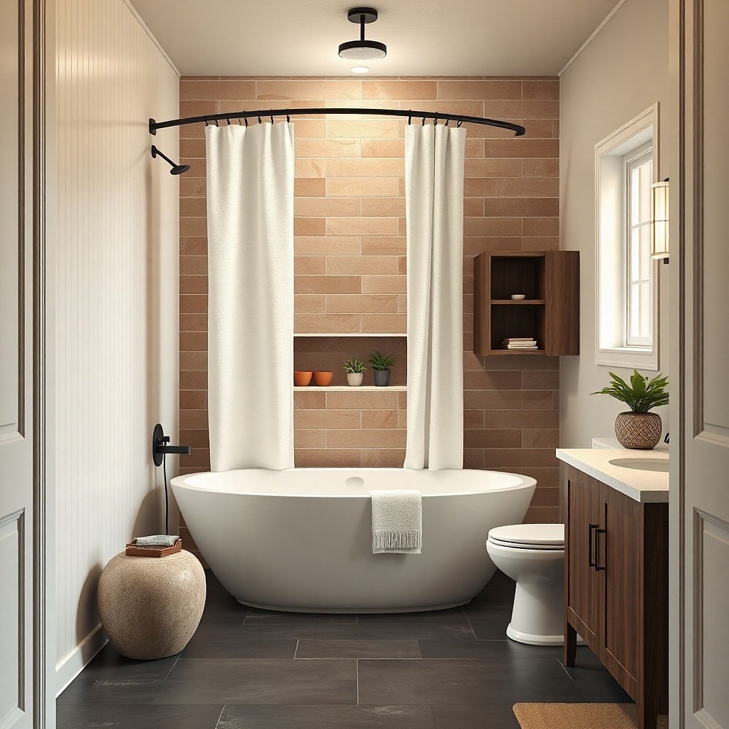 Small bathroom with tub-shower combo and mirrored wall behind vanity for extra light