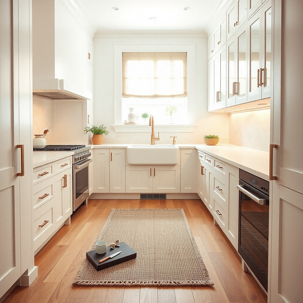 A narrow galley kitchen with a cream textured runner centered along the floor, a brushed brass tension rod mounted behind the sink, and a short white linen curtain panel hanging straight down. Warm under-cabinet LED light makes the runner look slightly buttery.