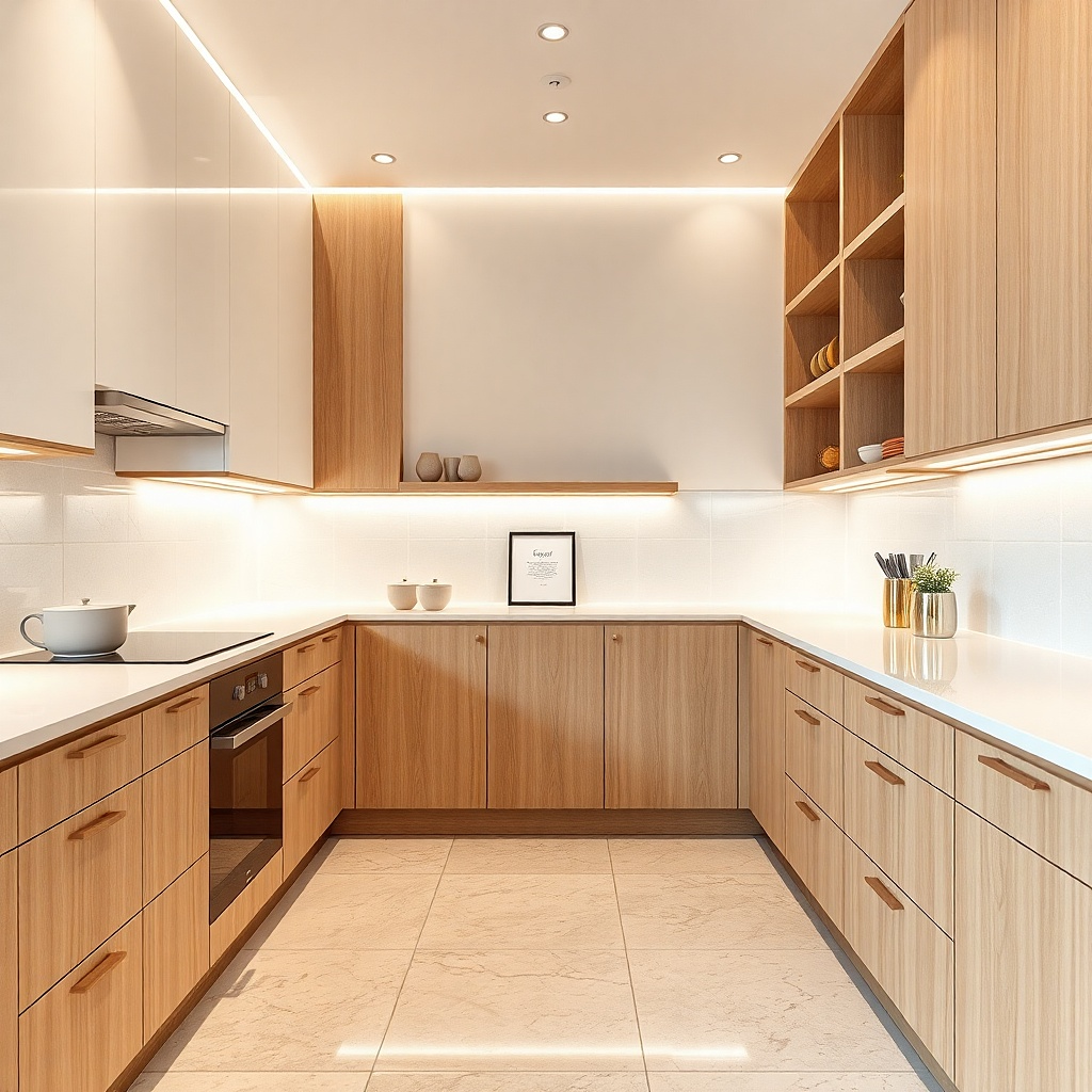 Close view of a galley kitchen showing under-cabinet LED strip lights glowing along the underside of upper cabinets. A matte white shelf ledge holds a small ceramic tray, two matching mugs, and a light wood salt box.