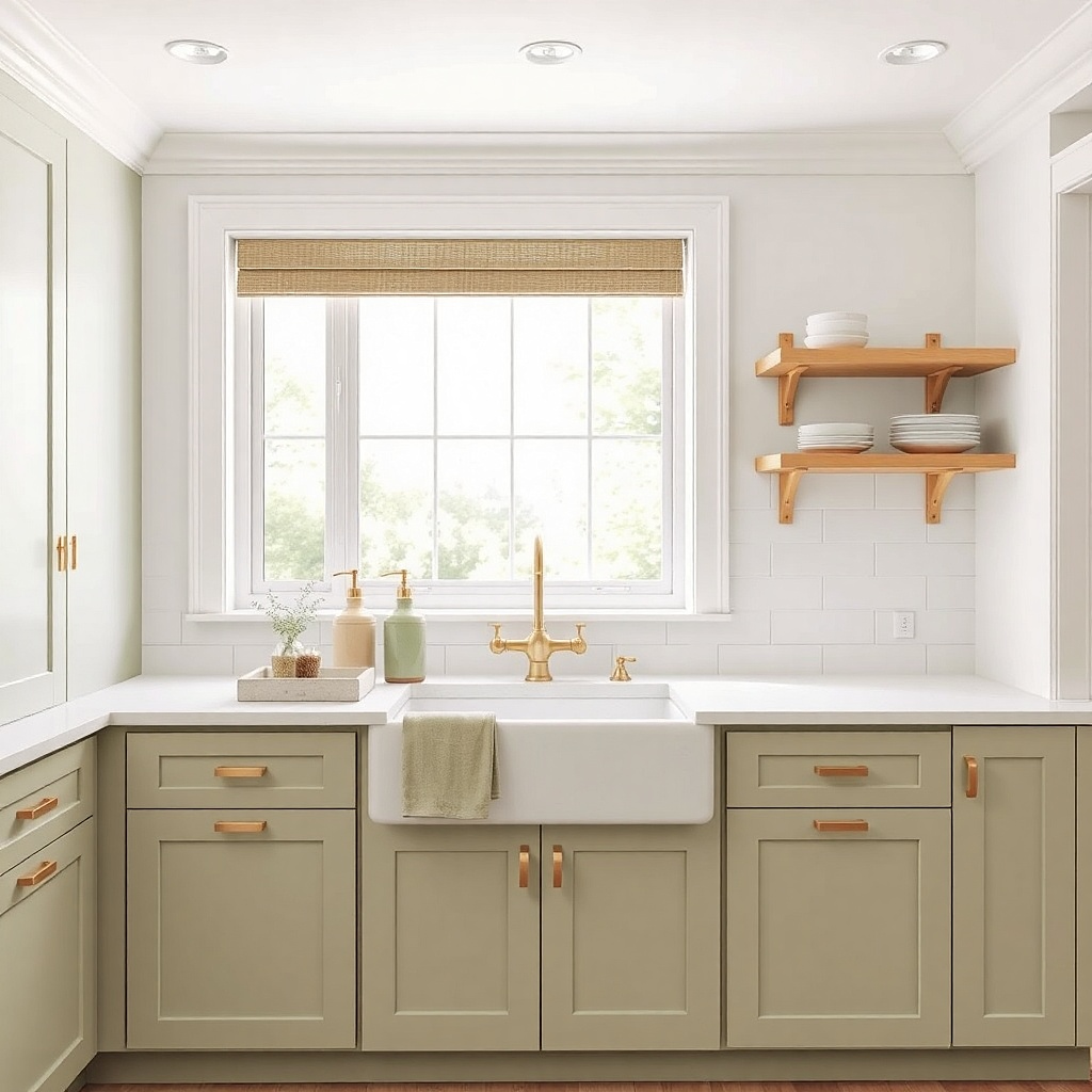 A galley kitchen sink area with a low horizontal rail holding two sage green dish towels folded neatly. A white ceramic soap dispenser and a small wooden dish brush sit in front of the towels.