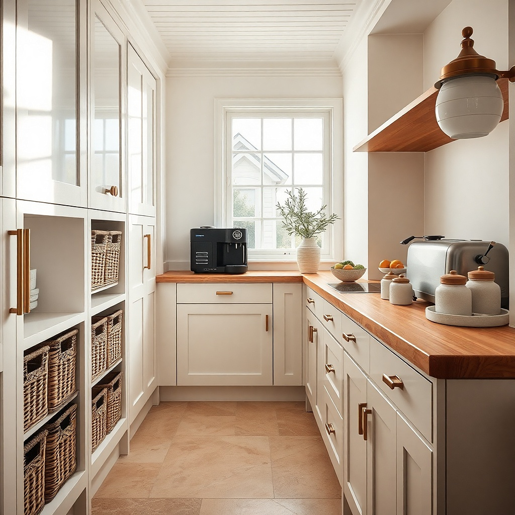 A galley kitchen cabinet under the counter with a woven basket pull-out. Inside are onions and potatoes, and a small white ceramic scoop sits at the front.