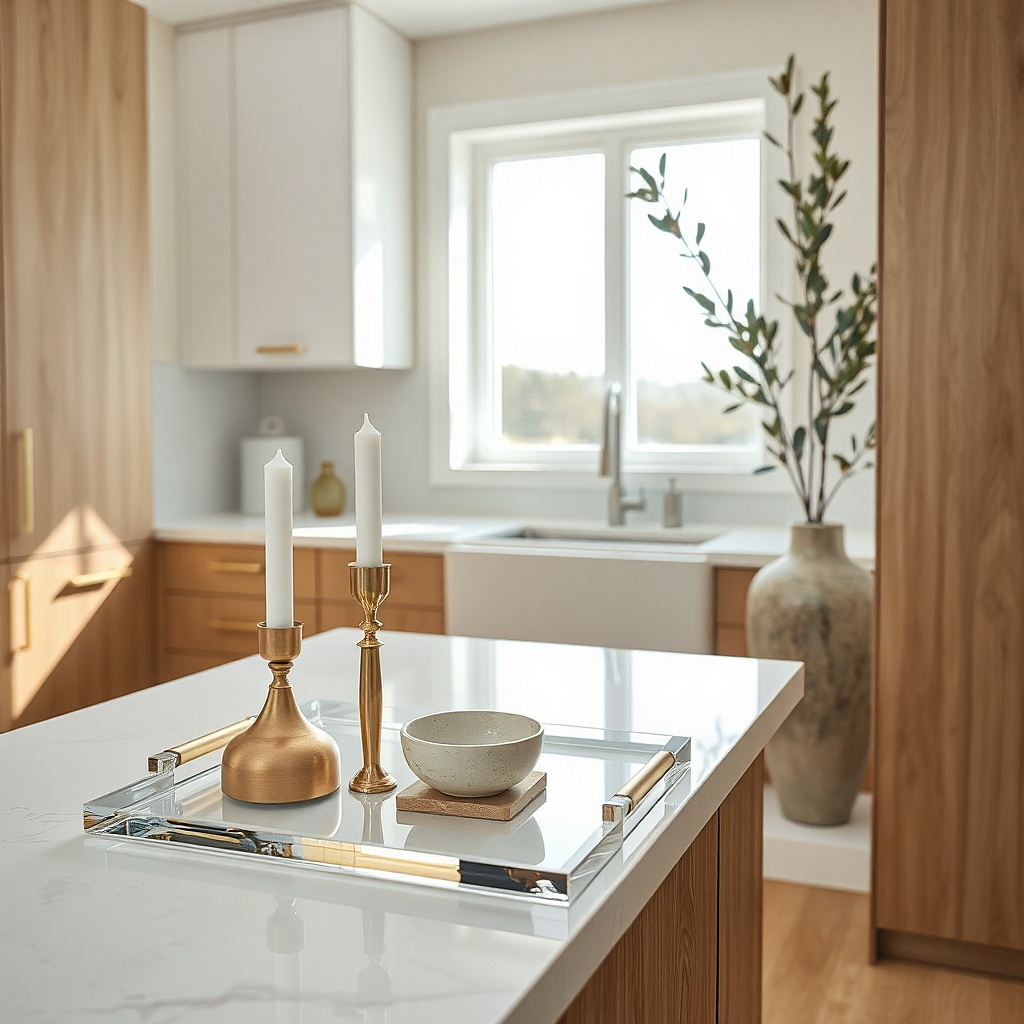 A galley wall near the cooking run with a walnut cutting board leaning vertically against a light-colored backsplash. Two small hooks hold a wooden spoon and a folded linen cloth.