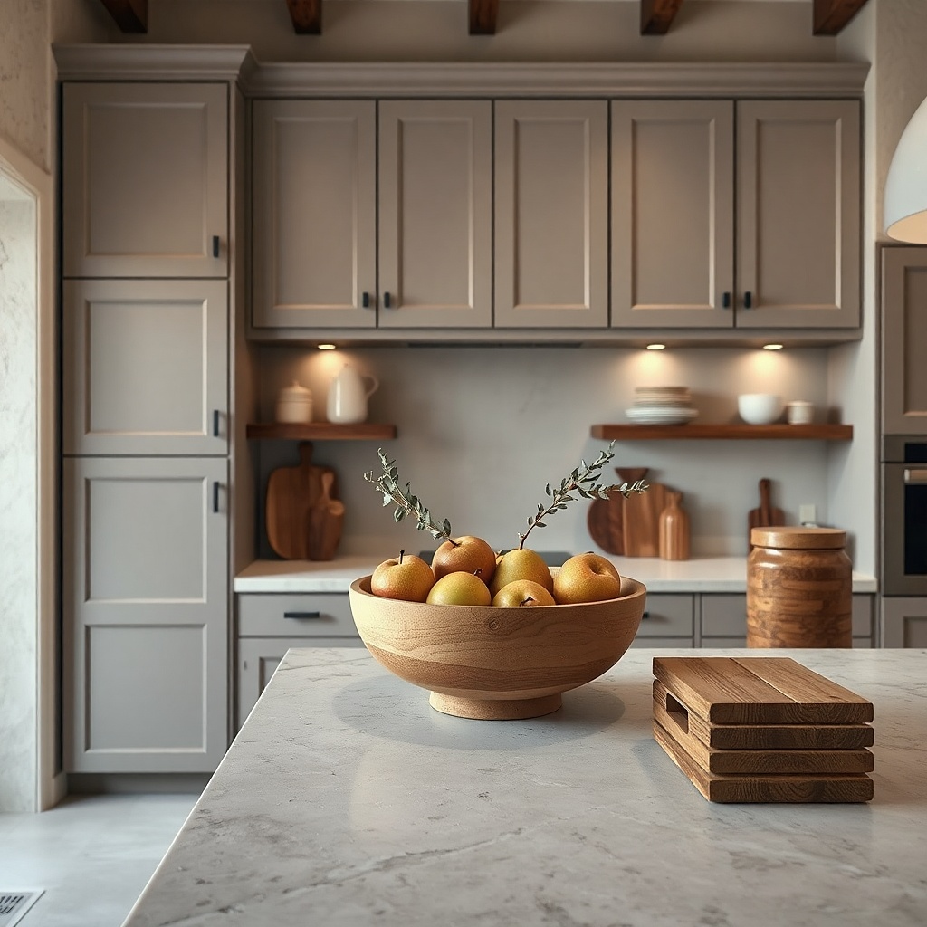 A small arched mirror mounted on the wall above the coffee corner in a galley kitchen. Behind the mirror, a white floating shelf holds a ceramic canister, a small plant, and two cups.