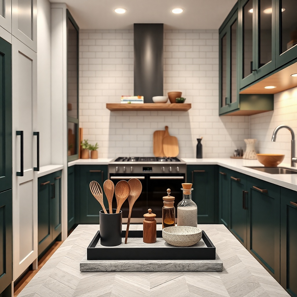 Close-up of a galley kitchen showing cabinet knobs in brushed brass on upper cabinets and matte black pulls on lower cabinets. The backsplash is white, and the sink faucet is brushed brass.