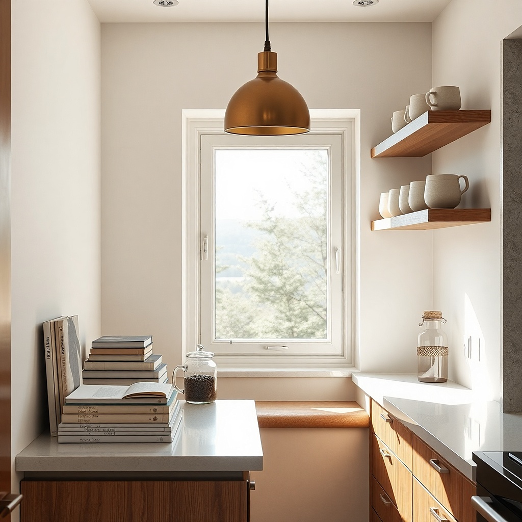 A small accent strip of salt-and-pepper speckled tile on the backsplash between cabinets and around the cooking area. The rest of the backsplash is plain white.