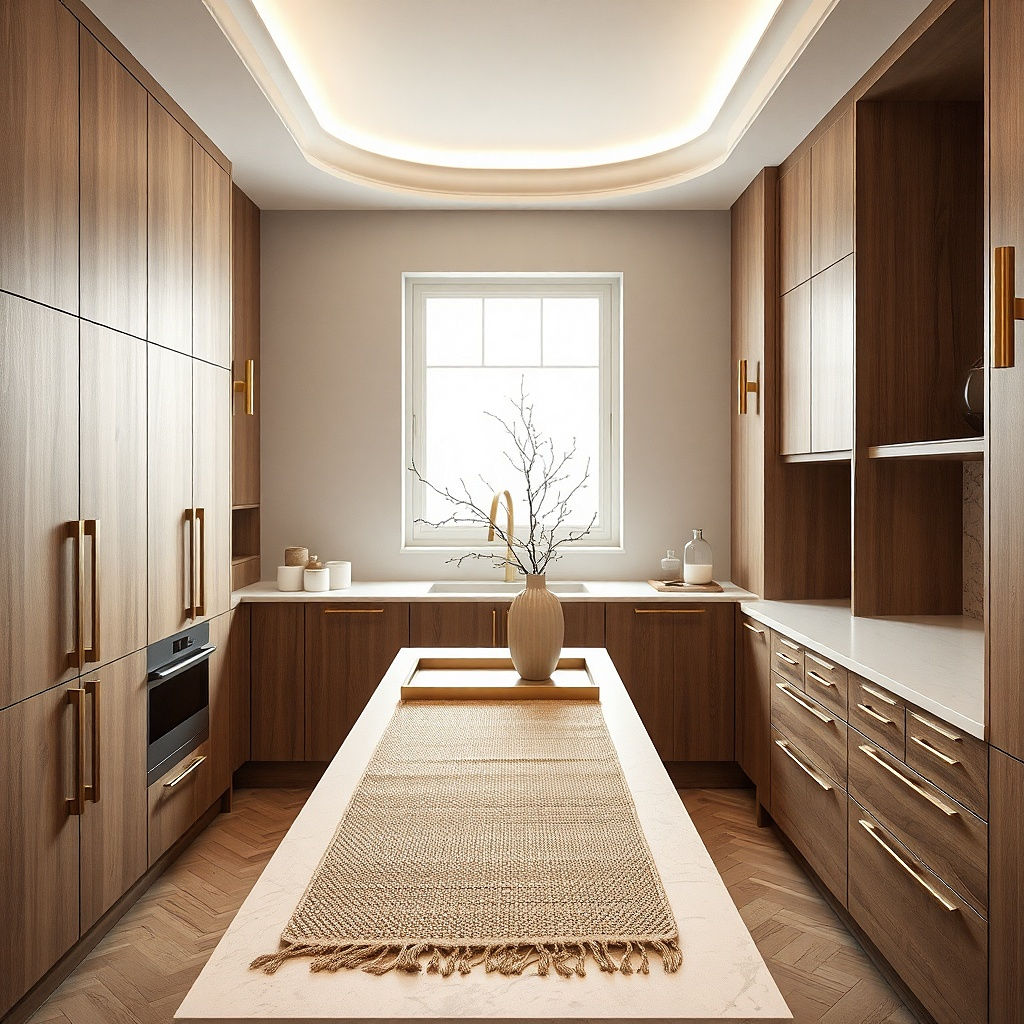 A window in a galley kitchen covered with a warm white linen-blend Roman shade. The shade is pulled down to just above the sill, and the fabric looks textured.