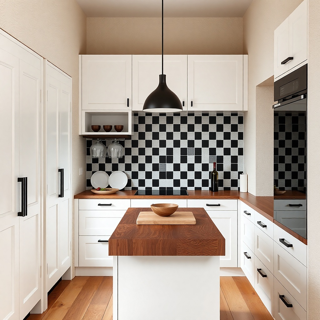 A row of three small black-and-white framed photos mounted above the sink in a galley kitchen. The frames are matte black, and the photos include simple kitchen scenes and utensils.