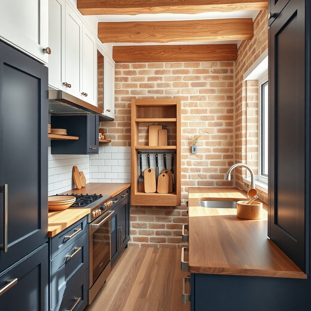A small glass pendant light centered over the sink area in a galley kitchen. It has a warm-toned shade and a visible glow that reflects softly on the backsplash.