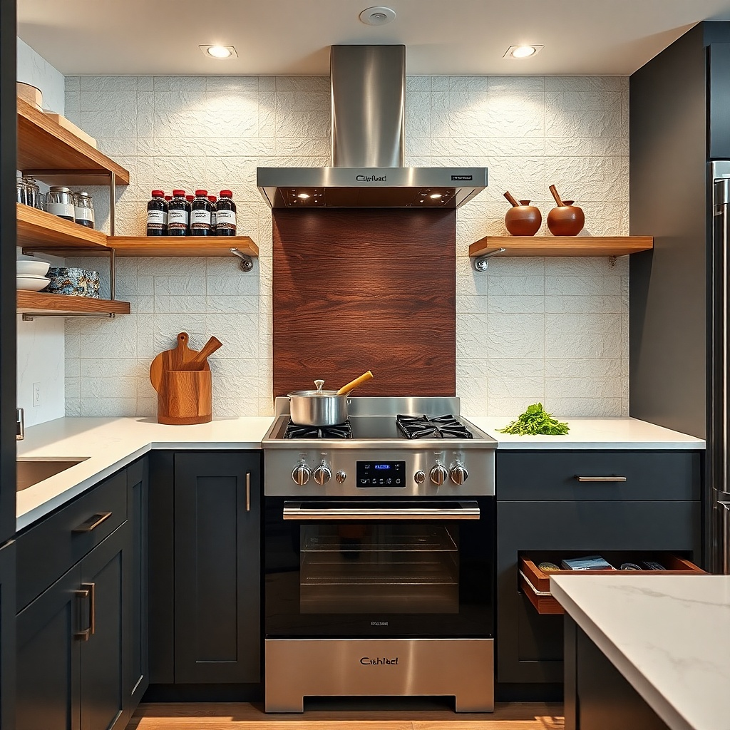 A small floating shelf on the side wall of a galley kitchen. It holds one potted plant in a light ceramic pot and one cookbook leaned upright, with a tiny ceramic dish in front.