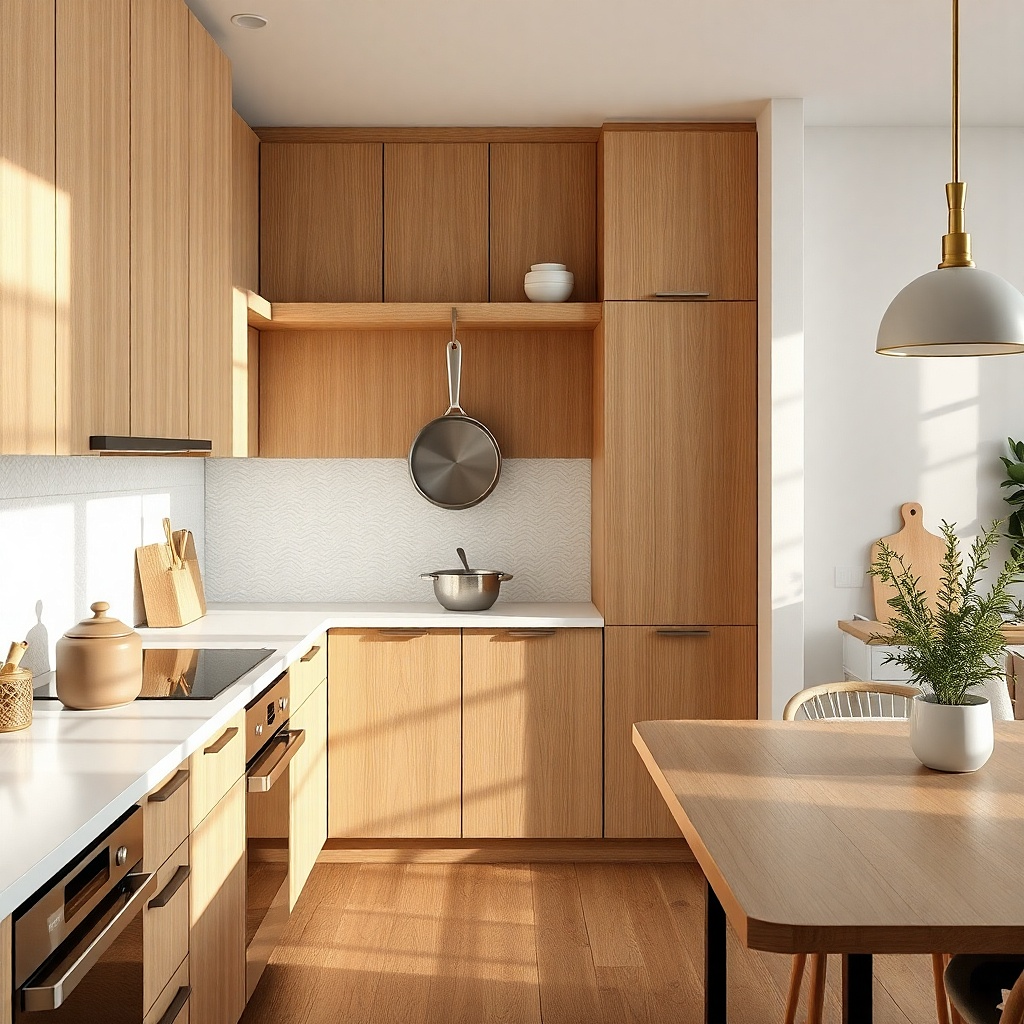 A warm wood pot hanger mounted under an upper cabinet or near the ceiling line, holding two small cookware pieces. One ladle hangs from a hook, and the rest of the counter is clear.
