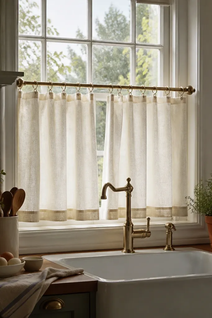 Warm ivory linen café curtains on a small kitchen window