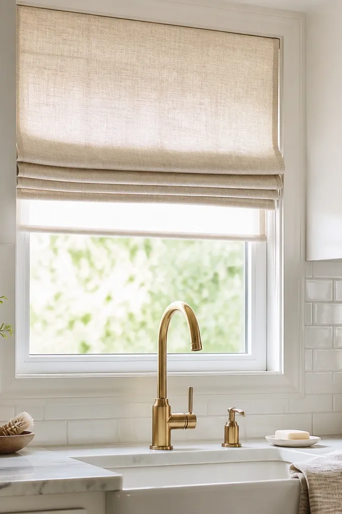 Oat Roman shade with light-filtering liner over a small kitchen window