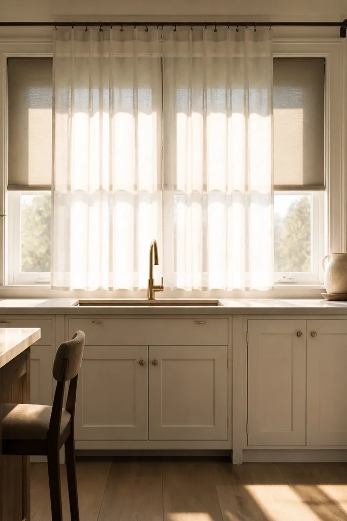 Sheer panel curtain layered with a roller blind on a small kitchen window