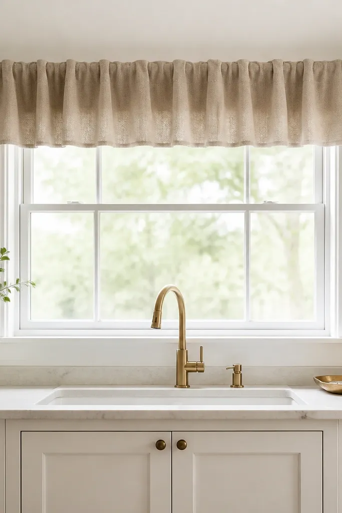 Textured cotton valance covering only the top of a small kitchen window