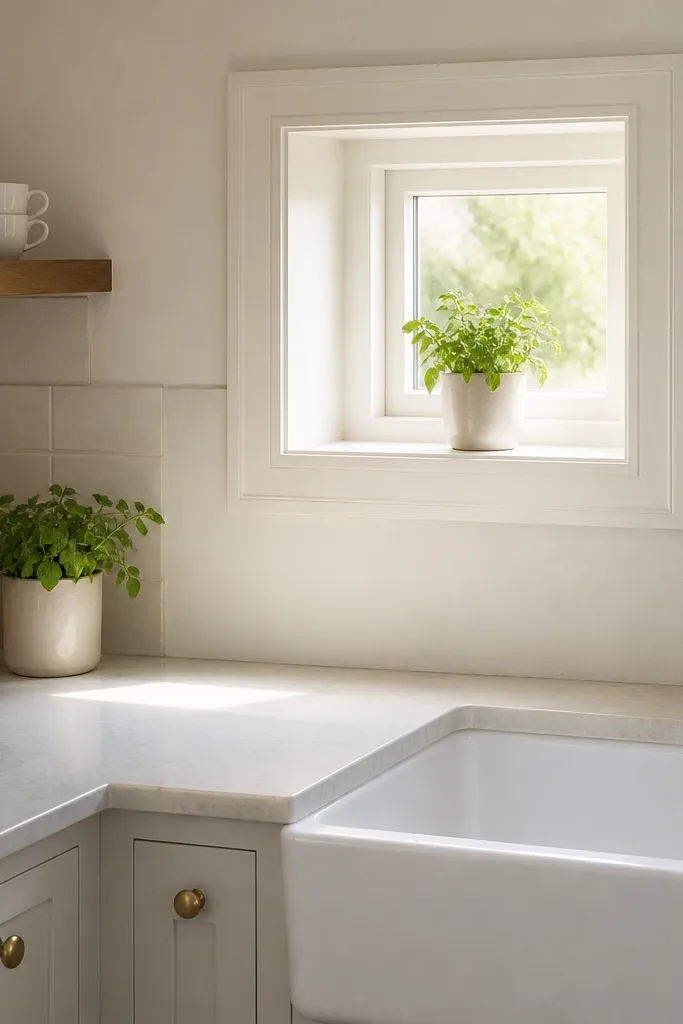 Bright white interior trim and inner sill on a small kitchen window