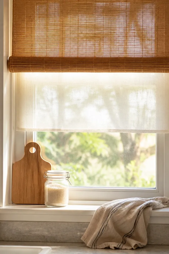 Roll-up bamboo shade with sheer underlay inside a small kitchen window