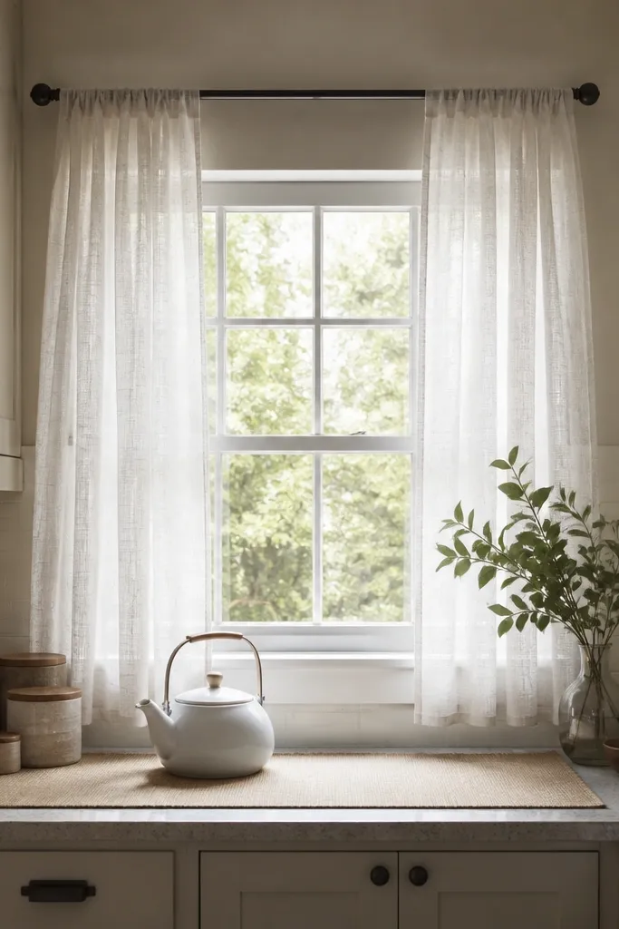 Sheer side panels framing a small kitchen window