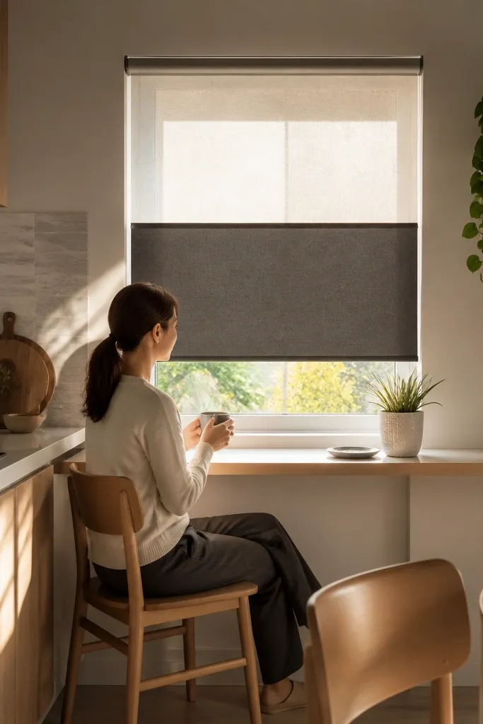 Light top-half roller shade over a small kitchen window