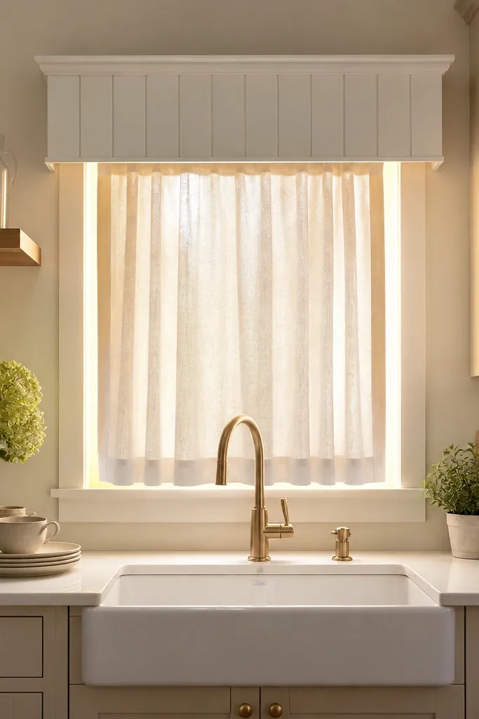 Board-and-batten style valance above a small kitchen window