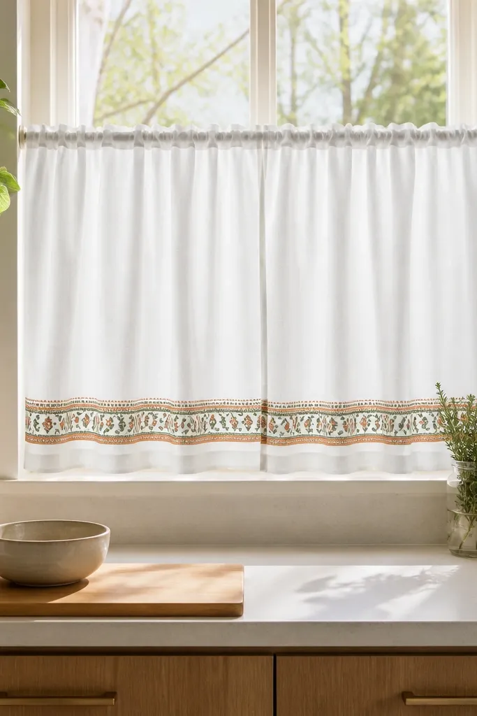 White café curtains with a narrow pattern band near the hem