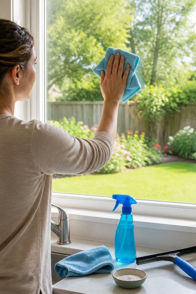 Clean, streak-free small kitchen window with visible light clarity