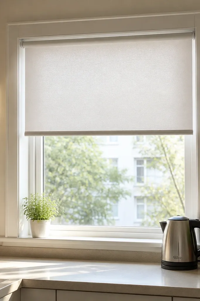 Satin white roller shade with reflective accents near window sides