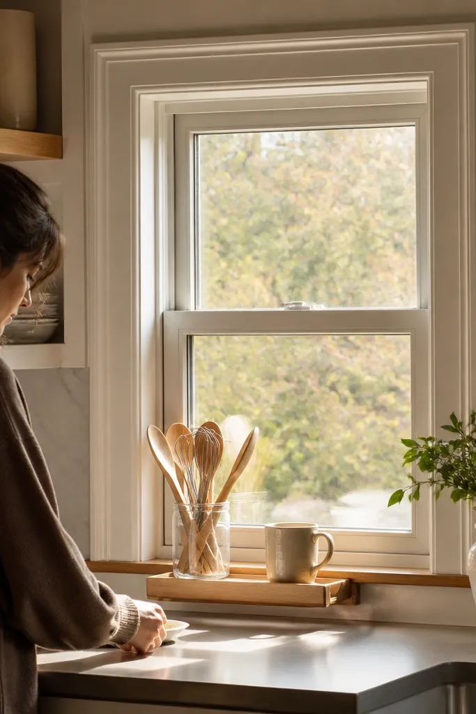 Light wood sill lip on a small kitchen window with bright curtains
