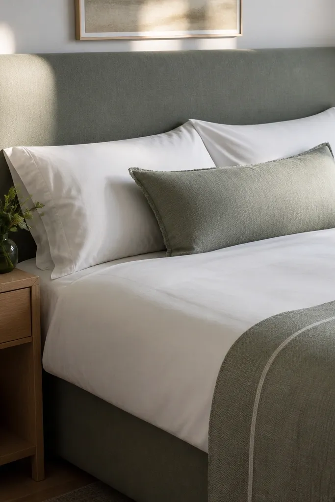 Chalky sage upholstered headboard with crisp white bedding and a small gold lamp