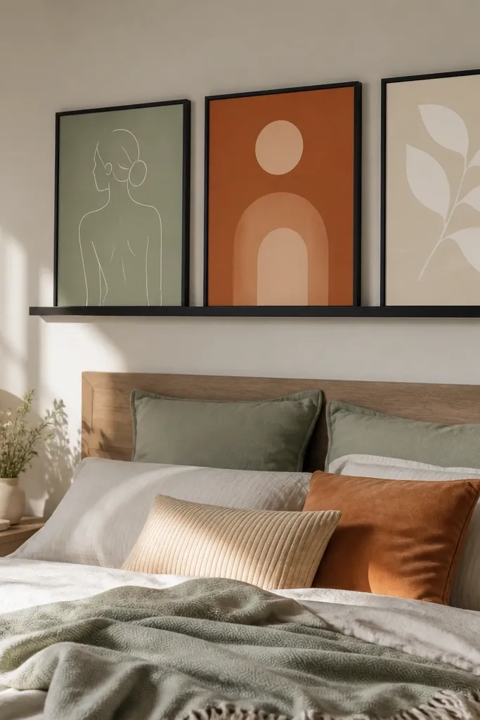 Three framed prints above a bed with a simple rail and neutral curtains