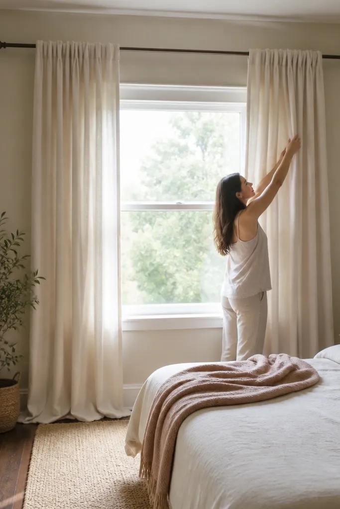 Long cream curtains with a wide rod over window and soft daylight