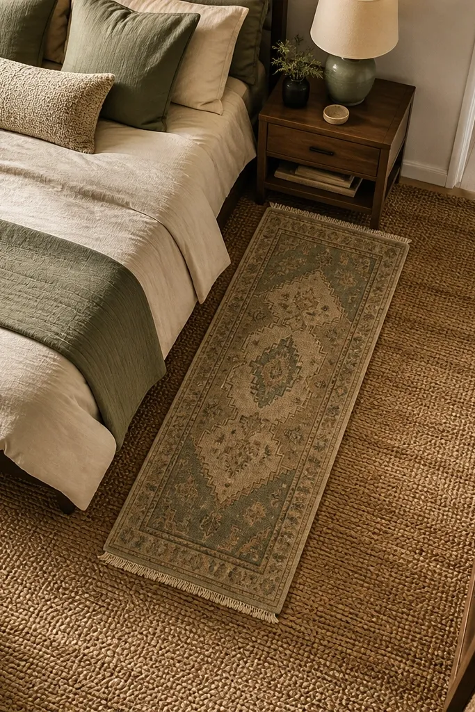 Jute rug with a small patterned runner beside the bed and warm-toned bedding