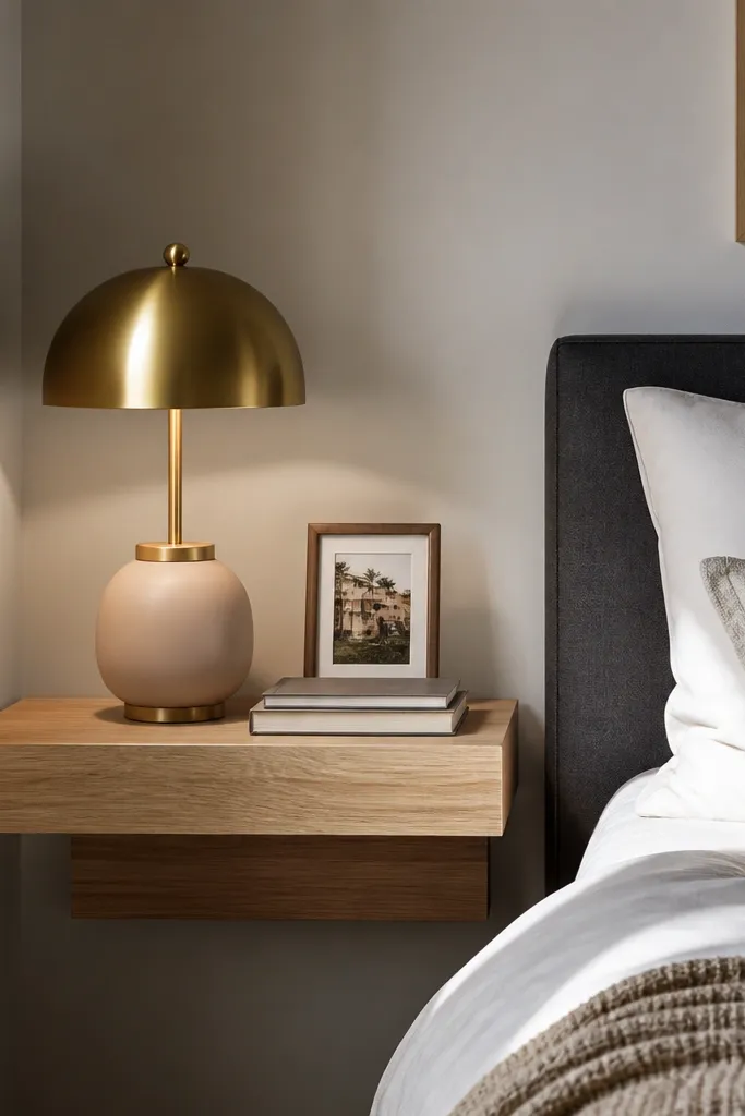 Floating shelf beside bed with one lamp, a book, and a small plant
