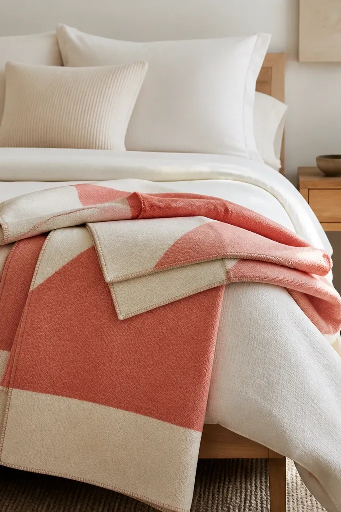 Color-block throw blanket folded at the foot with neutral bedding and one patterned pillow