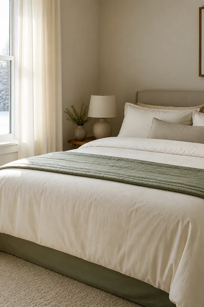 Cream duvet with a peek of sage fitted sheet at the sides and minimal pillows