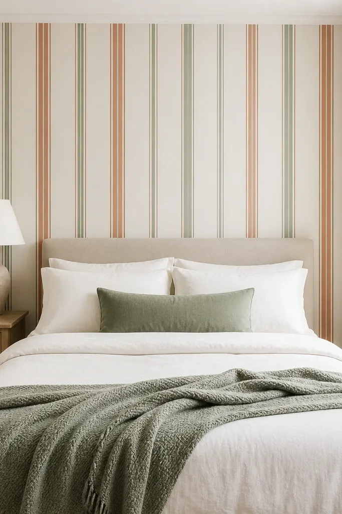 Muted striped wallpaper wall behind bed with minimal decor and warm lighting